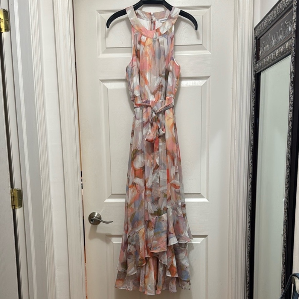 Calvin Klein Pink Gray Sleeveless High Low Sundress